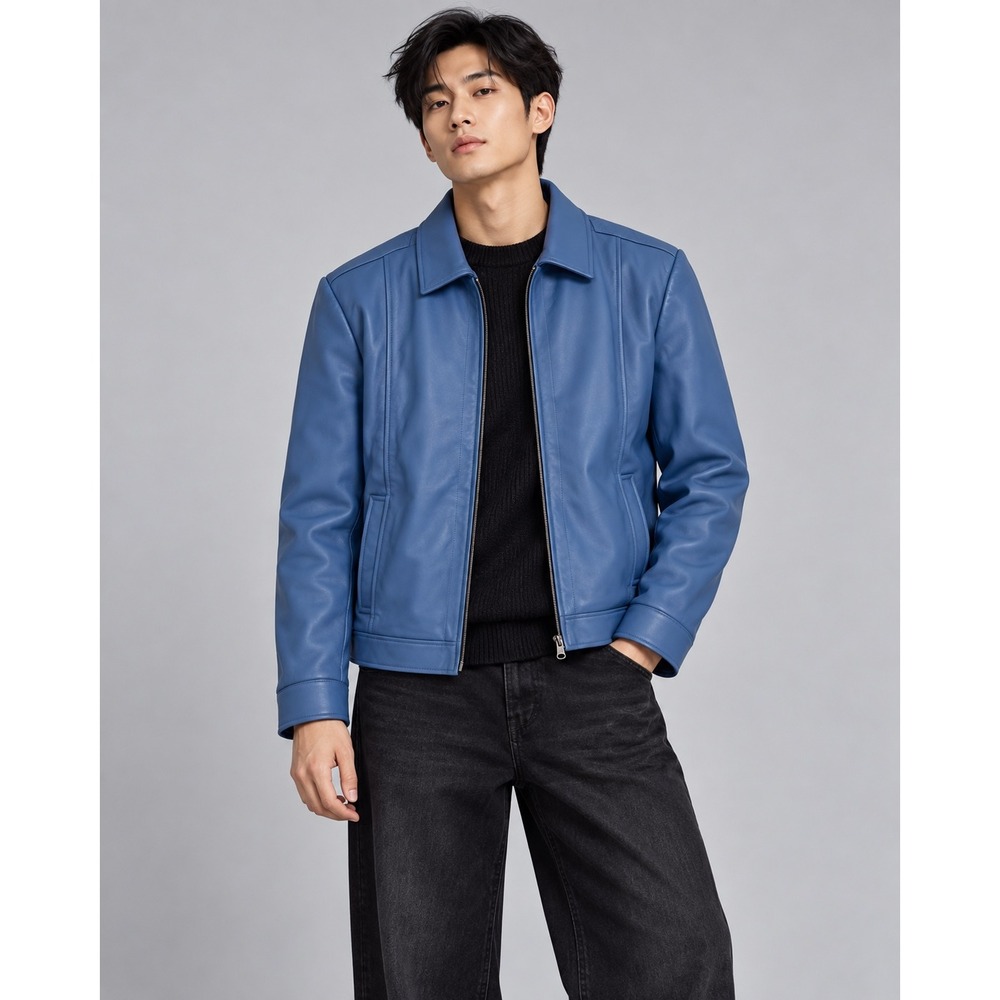 Real Leather Slate Blue Zip Up Jacket Mens Large Sustainable Biker Bomber L NEW